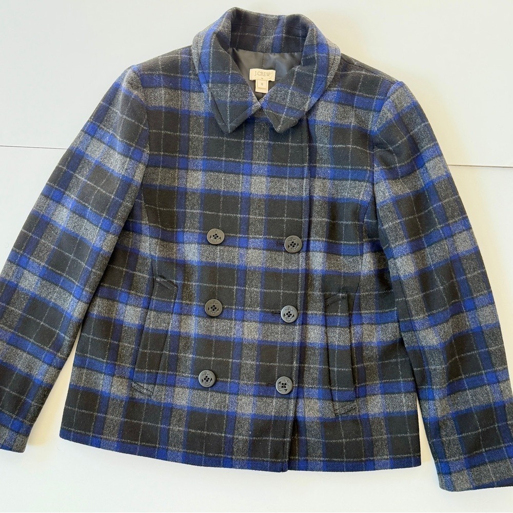 J.Crew Blue Grey Plaid‎ Wool Blend Pea Coat Jacket E2645 Size 8 Dark Academia - Picture 15 of 16